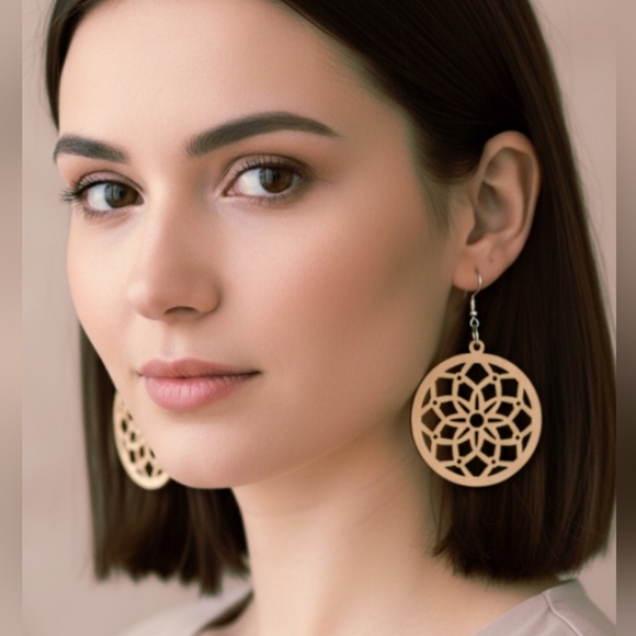 Handmade Jewelry - Round finished wood mandala earrings, personalized laser cut earrings 2.7 Inches
